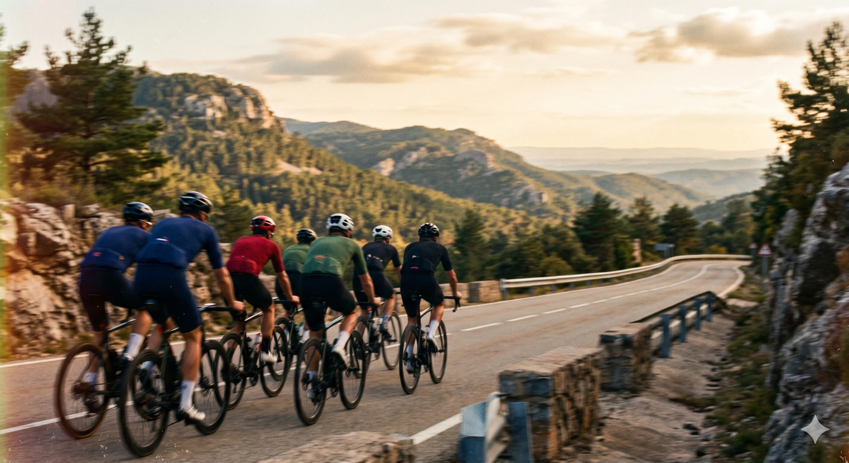 Cycling crew on mountain roads outside Barcelona