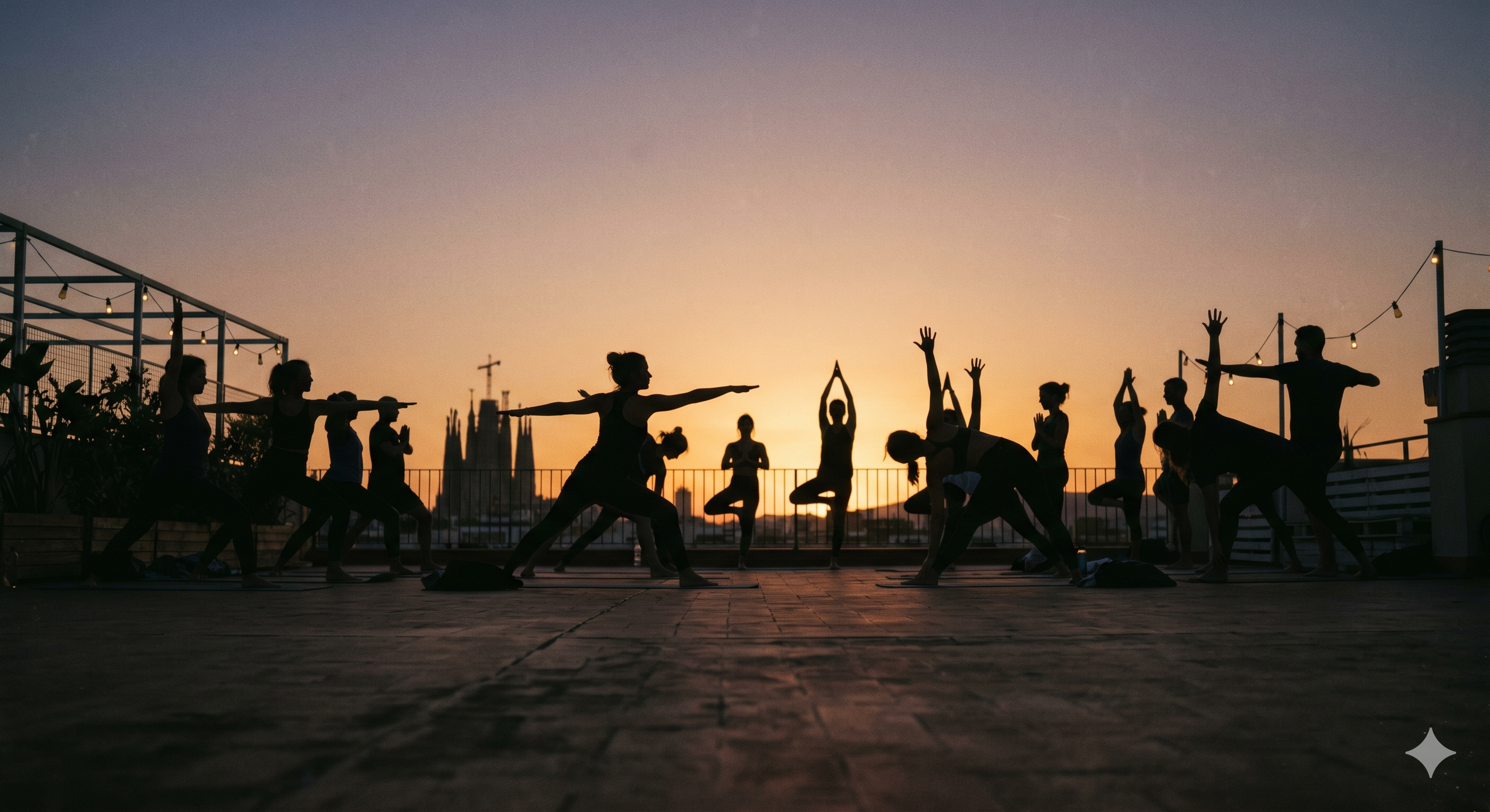 Yoga silhouettes at sunset on a Barcelona rooftop