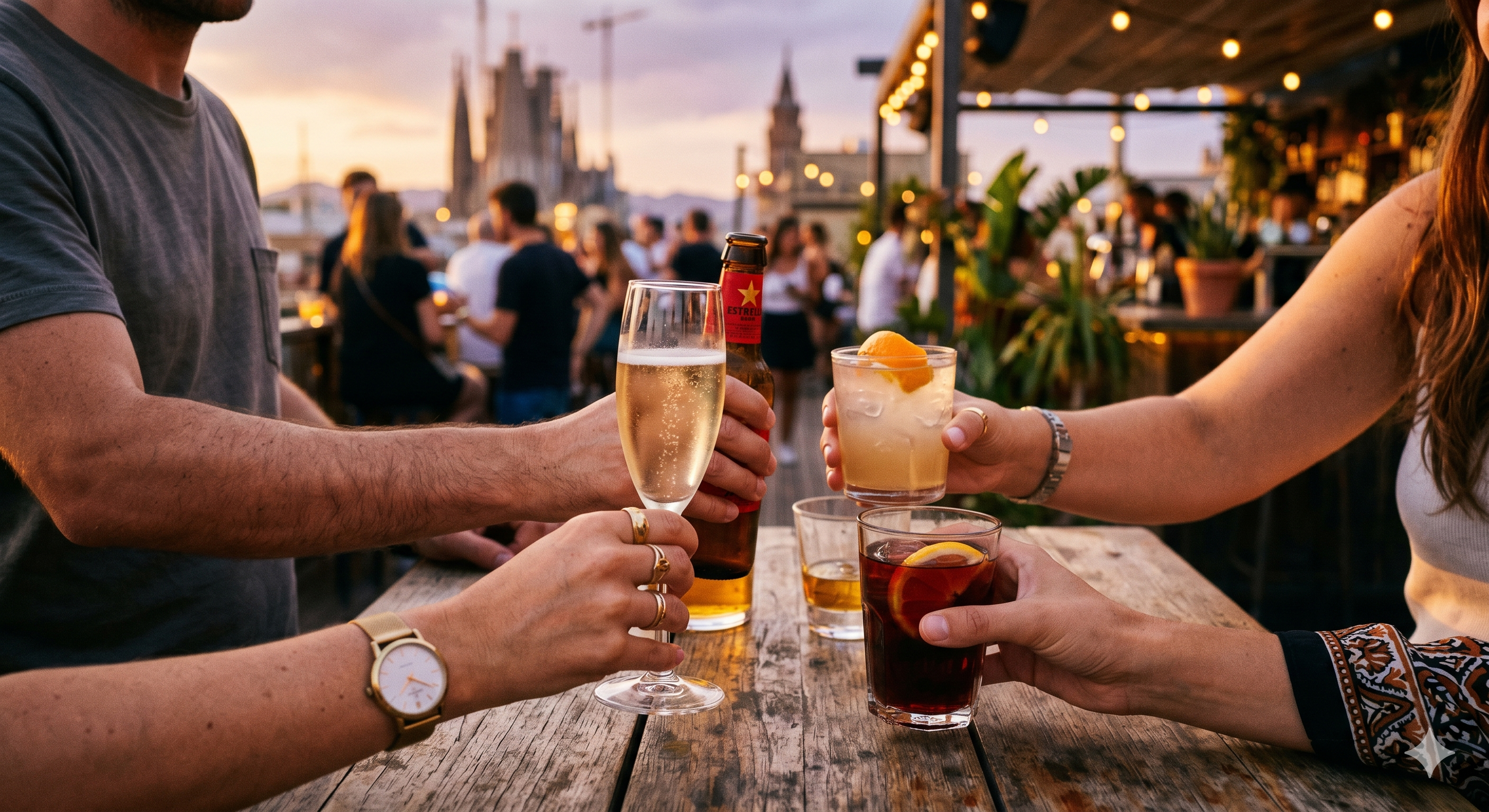 Rooftop drinks with the Sagrada Família at sunset
